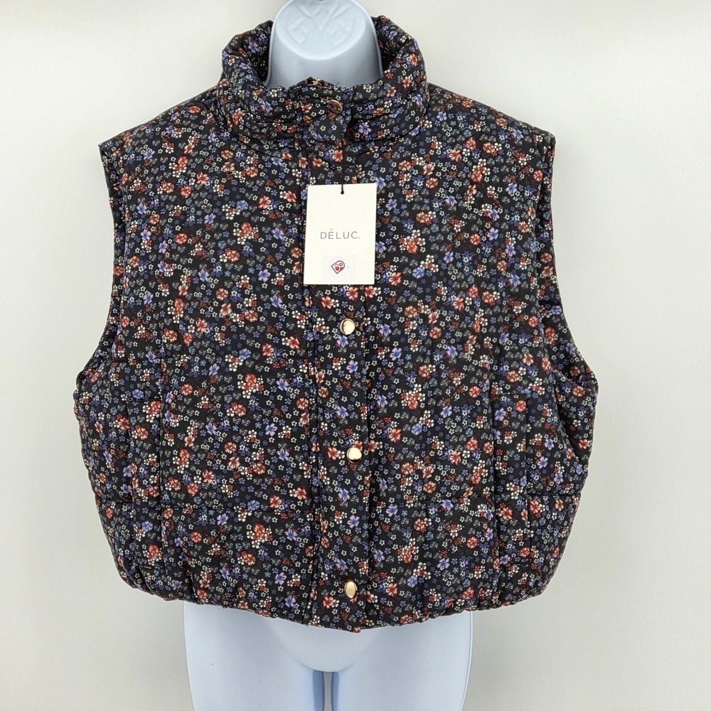 Deluc Styx Floral Puffer Gilet Vest‎ Women Large Quilted Cropped 6440D NWT